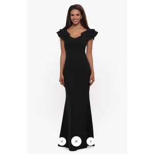 Betsy & Adam Black Long Off The Shoulder Scuba Crepe Ruffle Evening Dress 14